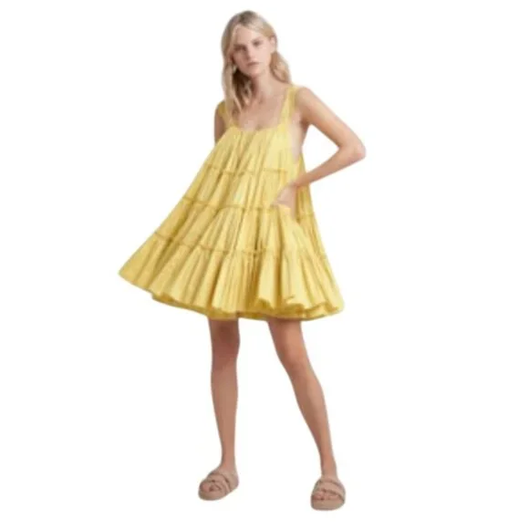 Aje Le Mempris Tiered Mini Dress Womens 4 Citrus Yellow Lemon Cotton Sleeveless